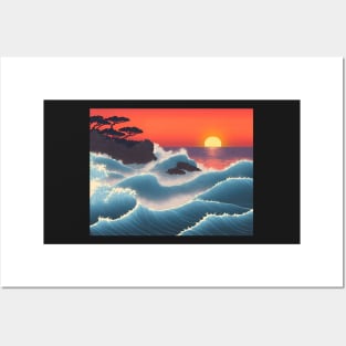 Ukiyo-e Japanese Art - Waves Crashing Against a Rocky Coast at Sunset Posters and Art